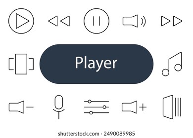 Player set icon. Play, pause, stop, forward, rewind, sound, volume, music, microphone, settings, audio, speaker, control, playlist, video, media, recording, broadcast, listen, entertainment.