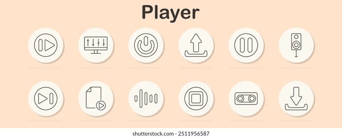 Icono de conjunto de reproductores. Reproducir, pausar, detener, control de volumen, Configuraciones de audio, Descarga, Cargar Video, altavoz, reproductor multimedia, reproducción de archivos, controles, sistema de sonido, transmisión