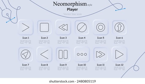 Player set icon. Play, stop, rewind, fast forward, pause, record, previous, next, repeat, shuffle, playlist, more options. Media control, audio, and video playback concept