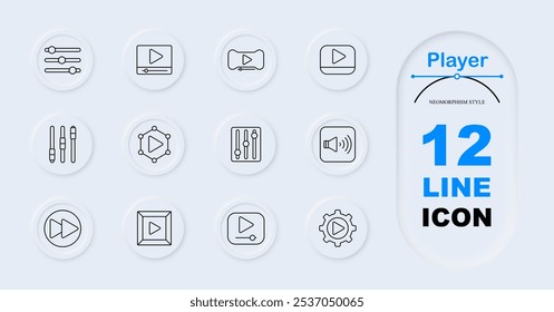 Ícone de conjunto de jogadores. Controle deslizante, tela de vídeo, controlador com botão de reprodução, alto-falante, ícone de reprodução, ajuste de som, avanço rápido, rede de vídeo, volume