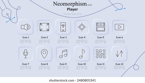 Player set icon. Speaker, fullscreen, mobile remote, crosshair, playlist, play button, microphone, location, music note, musical note, equalizer, arrows up down. Media player and audio control