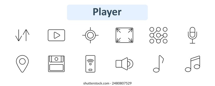 Player set icon. Upload download, play button, target, full screen, grid, microphone, location, save icon, remote, speaker, music note. Media control, multimedia, entertainment, audio visual concept