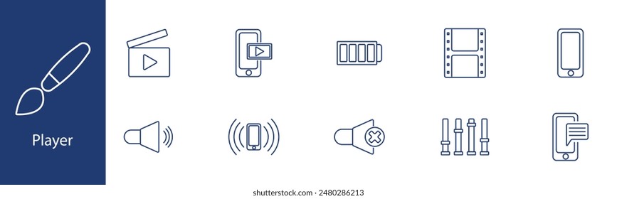 Symbol "Player-Einstellung". Video, mobil, Akku, Film, Ton, Lautstärke, Bedienelemente, Clip, Nachricht, Lautsprecher. Medien, Unterhaltung, Play-back-Konzept.