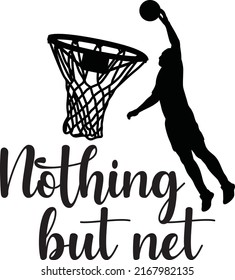 Player silhouette graphic with basketball hoop and text on white background.