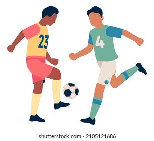 Player tackle ball. Men in kit playing soccer