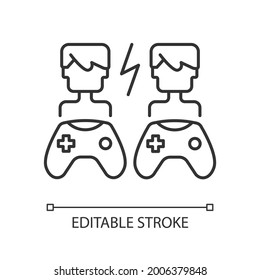 Player versus player games linear icon. Users compete against each other. Fun friends time. Thin line customizable illustration. Contour symbol. Vector isolated outline drawing. Editable stroke