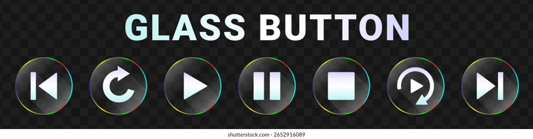 Аudio player or video interface button icon set in the style of liquid glass on black background