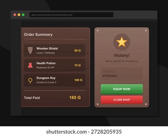A player views their order summary showing the wooden shield, health potion, and dungeon key. The screen displays victory confirmation and total paid for items.