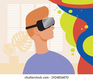 Player with vr helmet, videogame. Flat vector stock illustration. The videogame player is happy. Virtual reality concept, VR game. Person and vr helmet. Illustration with videogame