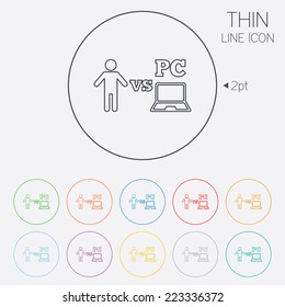Player vs PC sign icon. Games human symbol. Thin line circle web icons with outline. Vector