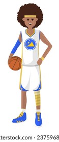 Player wearing basketball tank top, short shorts of light fabric, high sneakers, and equipment elbow and knee pads. Male character with ball, boy with bandana accessory. Vector in flat style