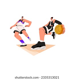 Jugadores atletas juegan al baloncesto en la competición deportiva. Los competidores rivales pelean, luchando por el balón en el torneo, el campeonato, el partido. Ilustración vectorial plana aislada en fondo blanco