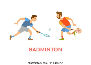 Players of badminton vector, men wearing summer clothes holding rackets hitting ball isolated characters in sportive mood. Competitors on tournament