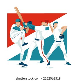 A players of a baseball team with bats and gloves. The nature of the sports game. Isolated on white background. Vector flat illustration. USA flag colors.
