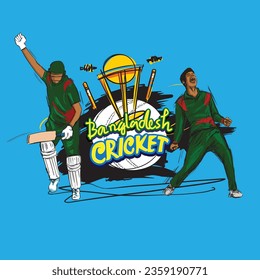 Players are celebrating winning moments 2d vector illustration on blue background with bangladesh cricket text typography.