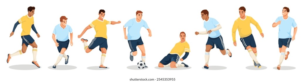 Jogadores se envolvendo em atividades de futebol em várias poses. Ilustração vetorial