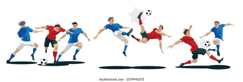 Players are fighting for the ball. Set of Soccer players. Vector Illustration