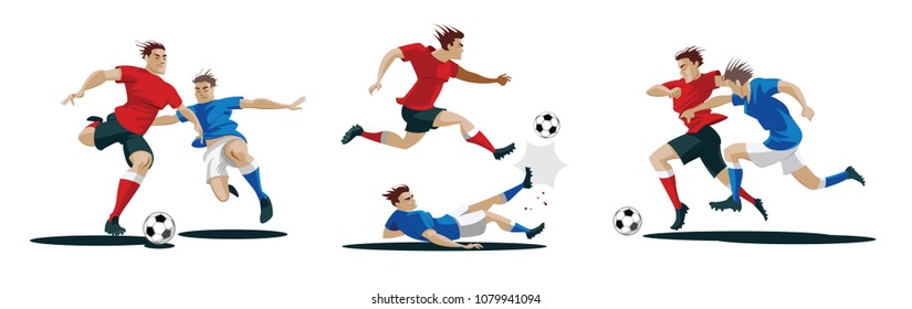 Players are fighting for the ball. Set of Soccer players. Vector Illustration