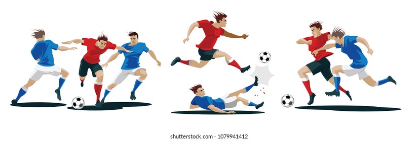 Players are fighting for the ball. Set of Soccer players. Vector Illustration