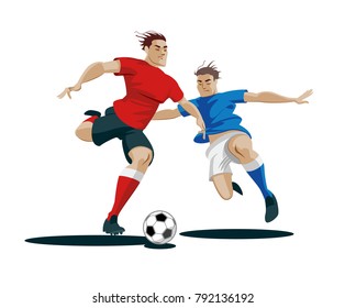 Los jugadores están peleando por el balón. Ilustración vectorial