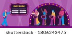 Players guessing quiz questions in the intellectual game show. Studio with program presenter and participants. Television erudite show. Vector flat cartoon illustration.