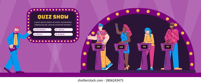 Players guessing quiz questions in the intellectual game show. Studio with program presenter and participants. Television erudite show. Vector flat cartoon illustration.