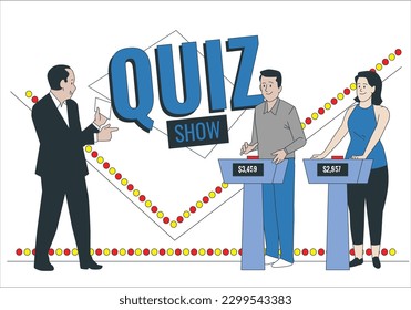 Players guessing quiz questions in the intellectual game show. Studio with program presenter and participants. Television erudite show. characters playing television game show, answering questions