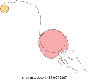 Players hand holding ping pong paddle with ball flying away drawn by continuous line. Table tennis one line art. World Tennis Day. Vector illustration, editable stoke.