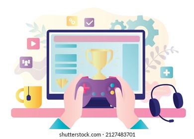 Player's hands hold joystick. Process of playing a video game. Gameplay technology on PC computer or console. Gaming, concept banner. Videogame on screen. Equipment of gamers. Flat vector illustration