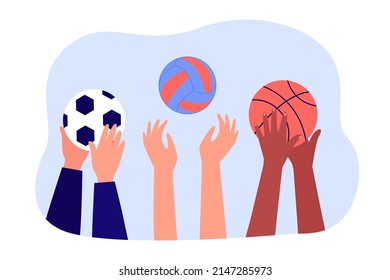 Players hands holding balls for football, basketball, volleyball. Group of people playing team games flat vector illustration. Sport, recreation concept for banner, website design or landing web page