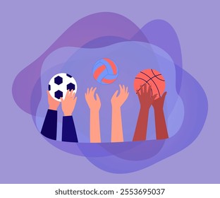 Players hands holding balls for football, basketball, volleyball. Group of people playing team games flat vector illustration. Sport, recreation concept for banner, website design or landing web page