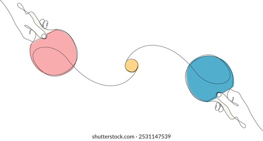 Os jogadores mãos segurando ping pong paddles e bola desenhada por linha contínua. Tênis de mesa uma linha arte. Dia Mundial do Tênis. Conceito de esporte popular. Ilustração vetorial, traço editável.