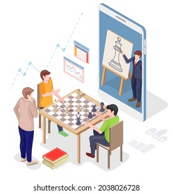 Players male characters playing chess board game with help of teacher or coach from smartphone, flat vector isometric illustration. Online chess school, courses, classes.