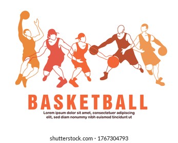 Players men with balls in orange silhouettes design, Basketball sport hobby competition and game theme Vector illustration