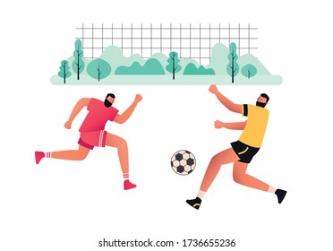 Players pass the ball with their feet. Football is played by rivals from two teams. Popular sport. Vector illustration