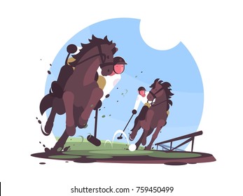 Players playing polo on green field. Rider with stick on horse. Vector illustration