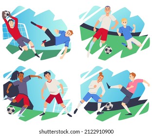 Players playing soccer or football at decorative backdrop, flat cartoon vector illustration isolated on white background. Banners collection with soccer players.