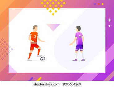 Players playing in soccer together standing opposite each other, man placed his leg on ball, frame with dots forming triangle vector illustration. Conceptual Web template.