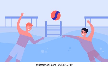 Players playing in water polo in swimming pool. People throwing or catching ball flat vector illustration. Sport competition, healthy lifestyle concept for banner, website design or landing web page