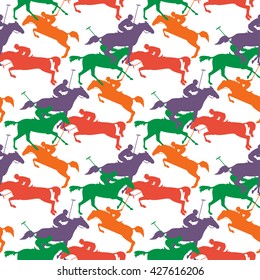 players polo on horseback. Vector horses with rider. pattern with colorful polo horses on isolated background.