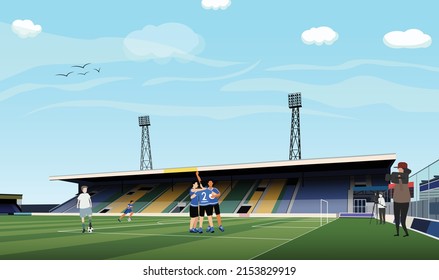 A lot of players practice football for their competetion and photographers working here.Stadium illustration vector design with sky,ball,players,camera and photographers in cartoon style.