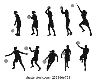 Players silhouettes, girls basketball silhouettes, set