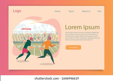Players in Sports Uniform on American Football Field Running with Ball Flat Cartoon Banner Vector Illustration. Tribune with Audience Cheering and Supporting Favourite Team on Background.