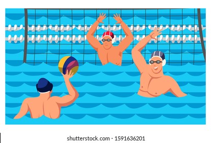 Players sportsmen team athlete characters enjoying water polo game cartoon. Match sporting competition event. Pool, net, ball, sportive people in rubber hats. Vector cartoon flat illustration