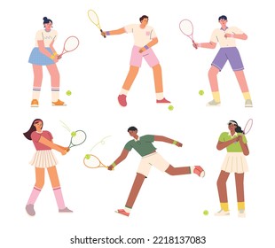 Players in stylish tennis jerseys are swinging with rackets. flat vector illustration.