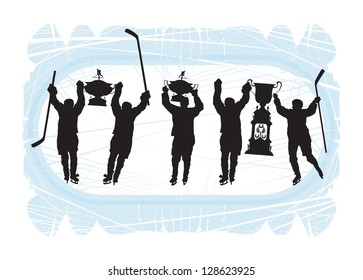 Players with trophies on the ice. Silhouettes, 1, vector