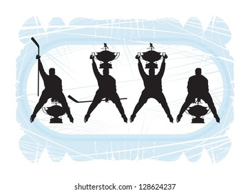 Players with trophies on the ice. Silhouettes, 3, vector