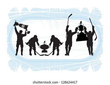 Players with trophies on the ice. Silhouettes, 4, vector