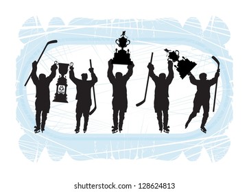 Players with trophies on the ice. Silhouettes, 5, vector
