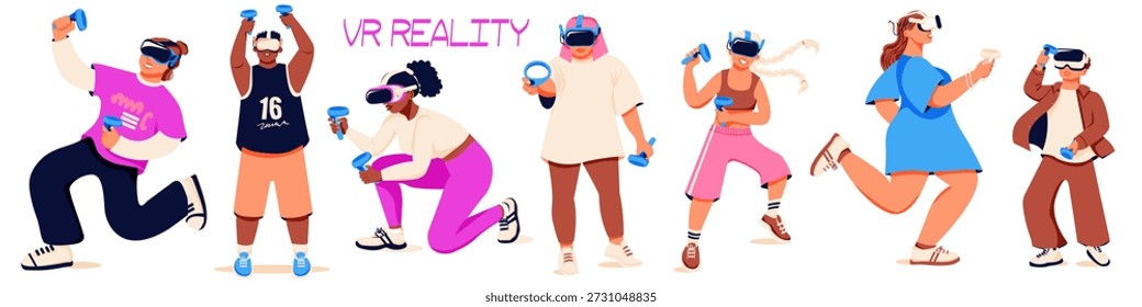 Jogadores VR jogo usar fone de ouvido VR e joystick.Set. Homem, mulher, crianças com óculos de realidade aumentada jogando jogo na tela virtual. Entretenimento moderno. Vetor